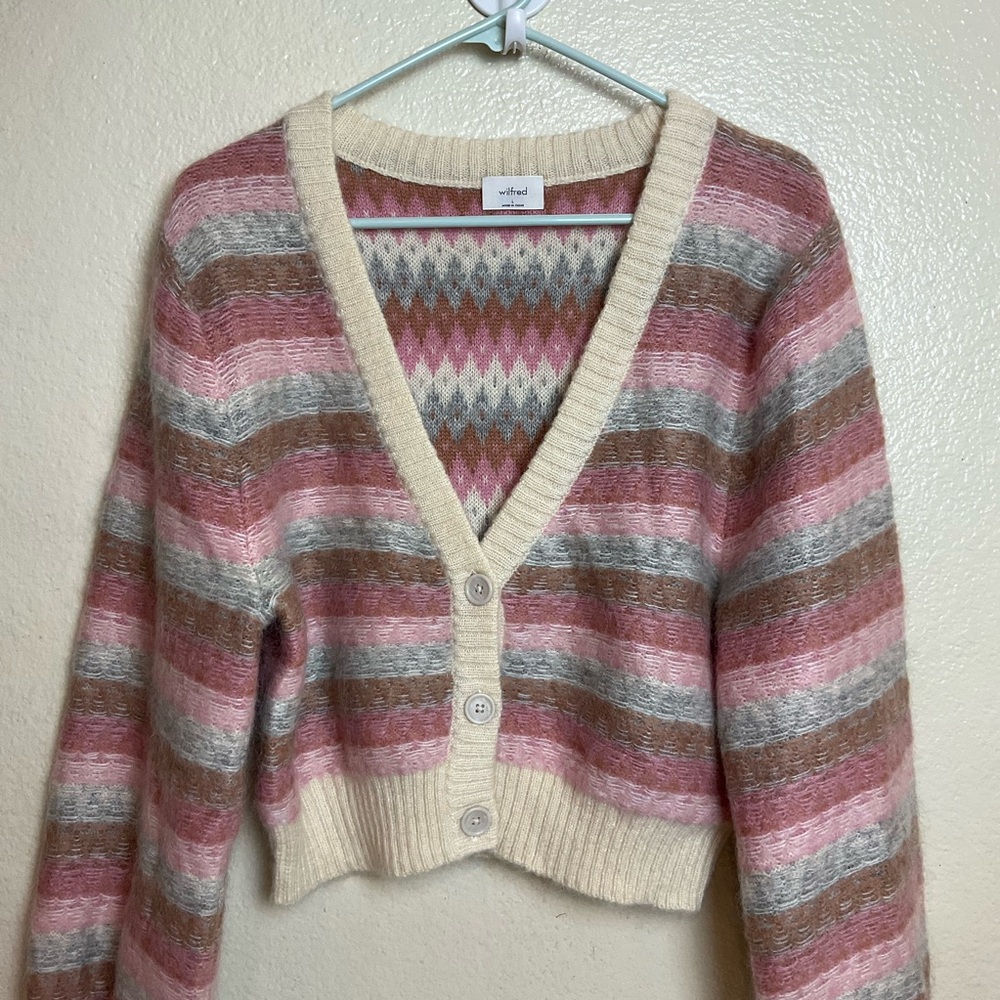 Aritzia Wilfred Cadence Cardigan Sweater Cropped Striped Pink Mohair Wool - Picture 4 of 8